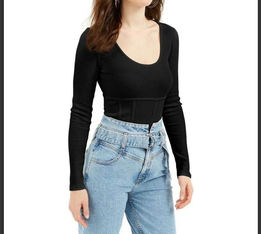Guess MEDium LAYERS Charlie Ribbed Scoop Neck Top Shirt Black form fitted NEW
